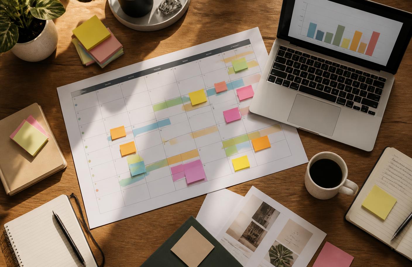 Planning desk with campaign notes and a laptop showing marketing reports